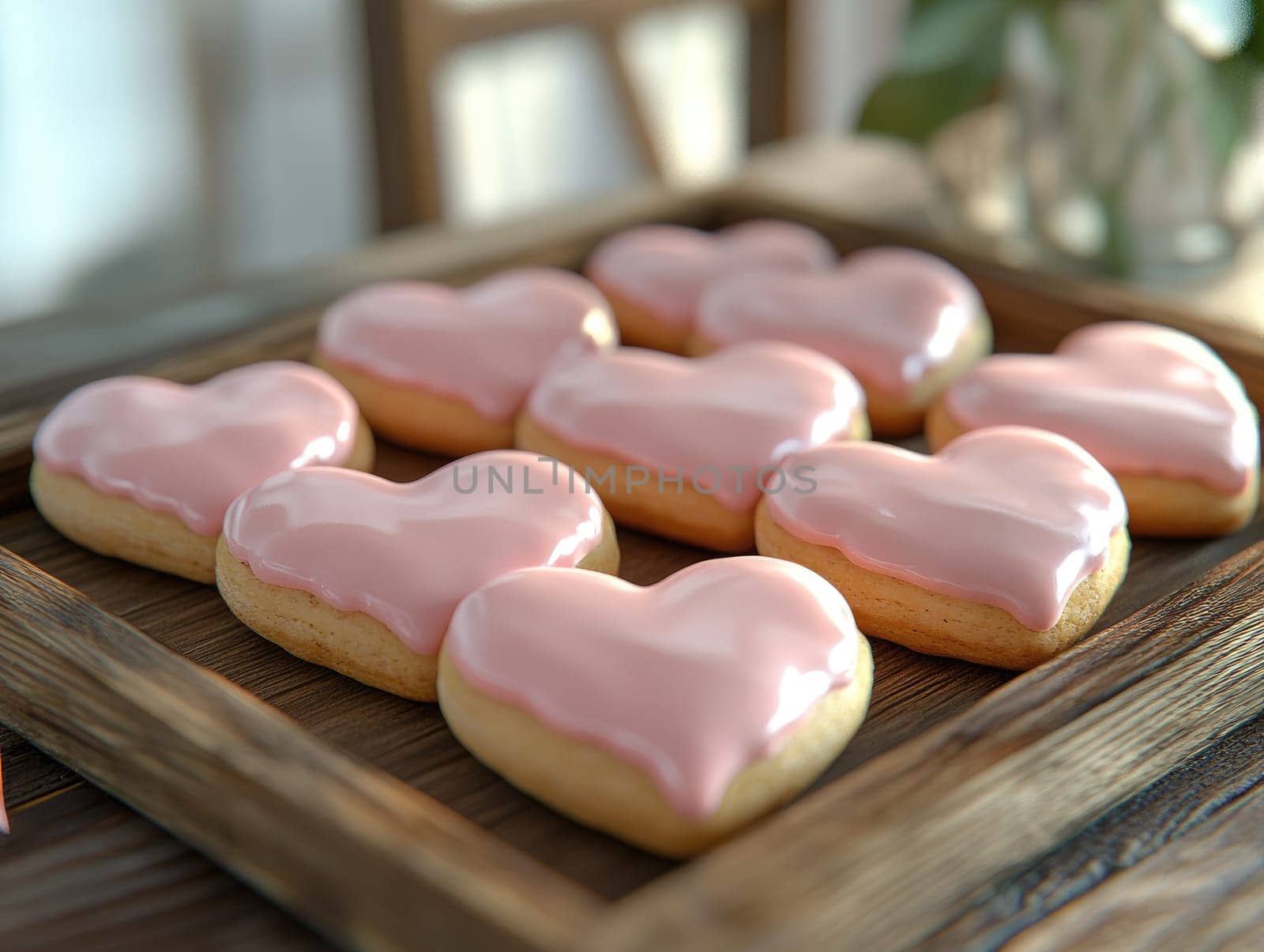 Valentines day heart shaped cookies with pink icing on a wooden tray for festive celebrations.