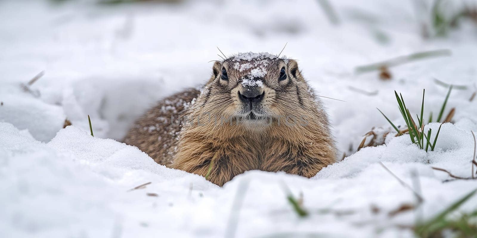 Groundhog day theme. Groundhog emerging from snow covered landscape.