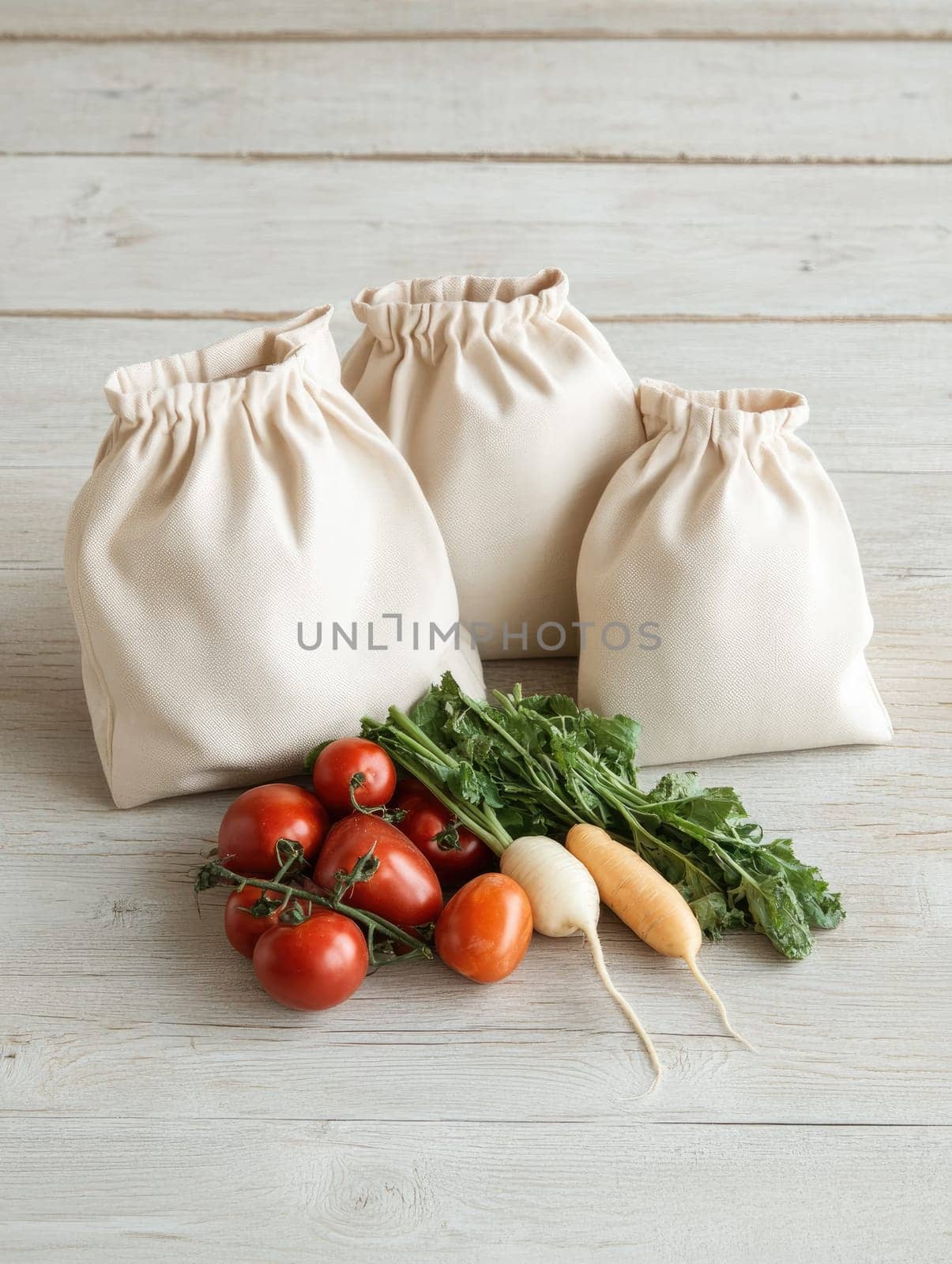 Sustainable living concept with cotton bags and fresh vegetables for eco friendly shopping and storage.