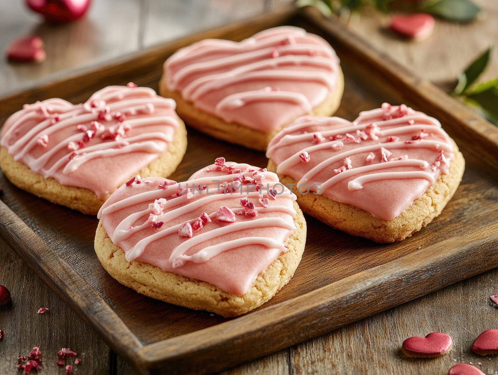 Valentines day heart shaped cookies with pink icing on wooden tray.