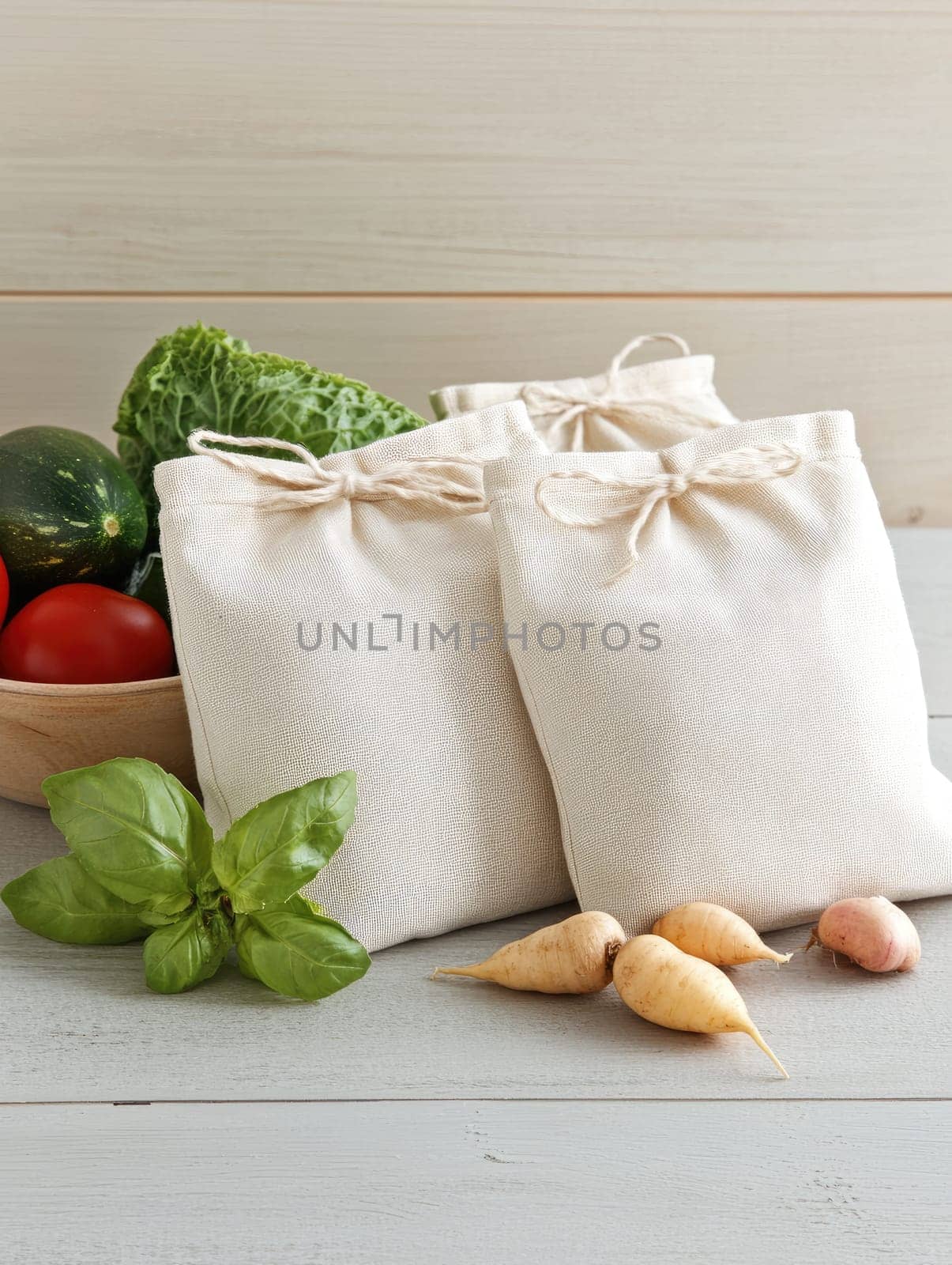 Eco friendly cotton bags with fresh vegetables for sustainable living.