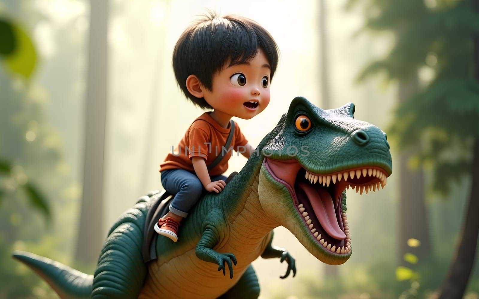 A joyful chinese child sits atop a colorful T-rex dinosaur in a vibrant forest, with sunlight filtering through the trees, creating a whimsical atmosphere of adventure - Generative AI