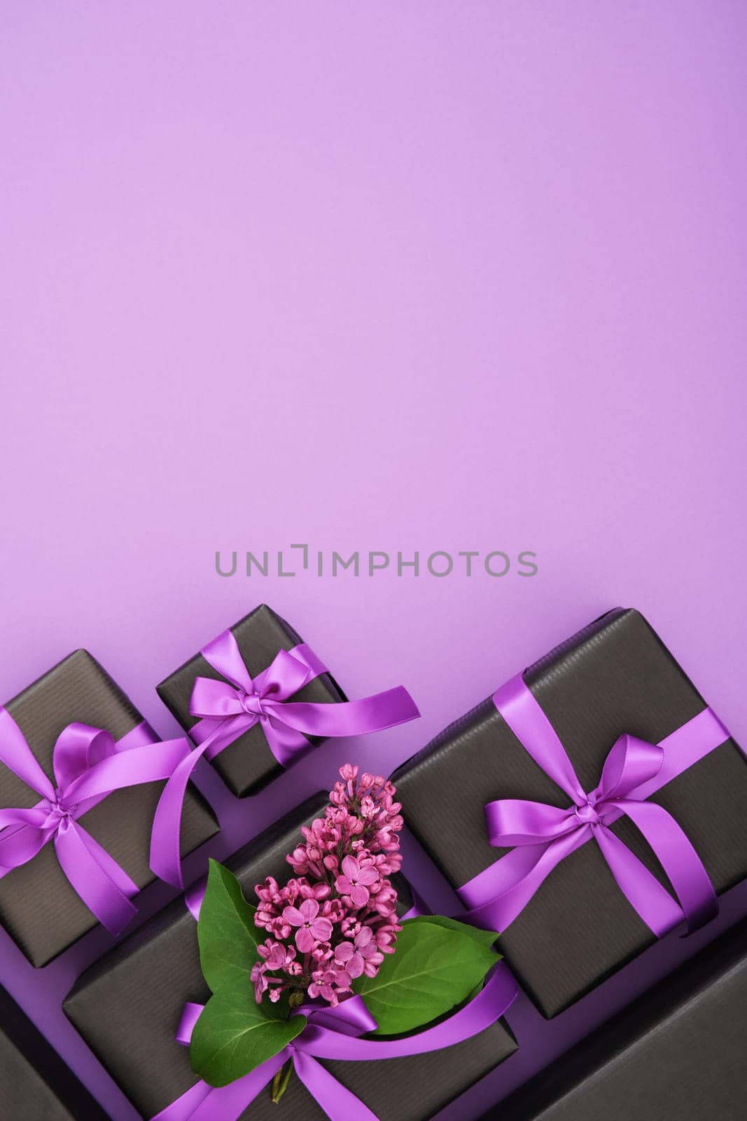 Black gift boxes with lilac flowers and violet ribbons. Vertical, place for your text.