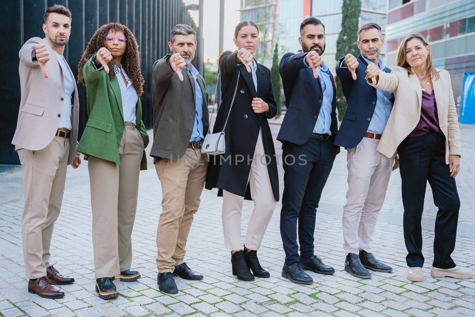 Group of confident business professionals pointing forward in a modern urban environment. Represents leadership, teamwork, motivation, and collaboration in the corporate world.