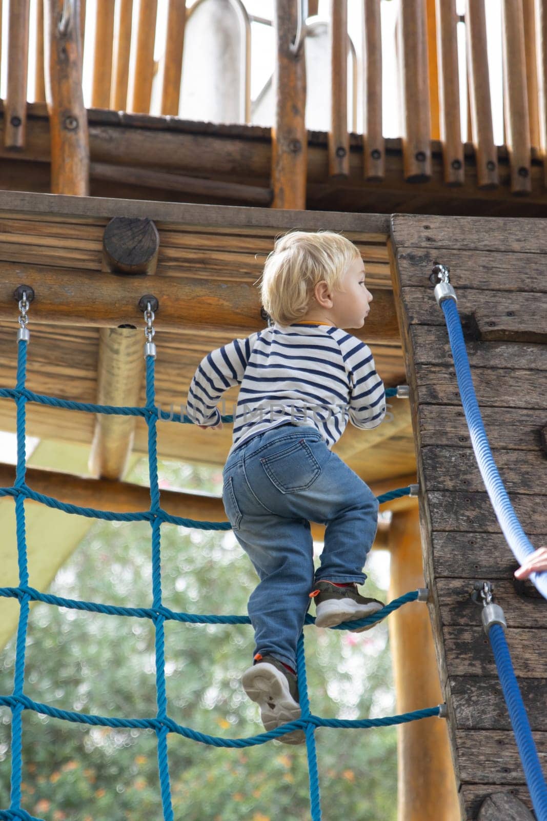 Little boy climbing up a rope ladder on the playground. Vertical shot