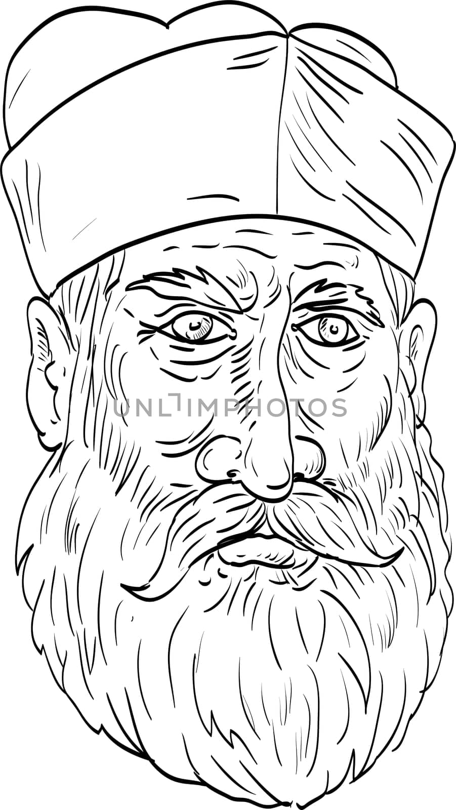 Line art drawing illustration of head of a roman catholic cardinal priest viewed from front done in medieval style on isolated background in black and white.