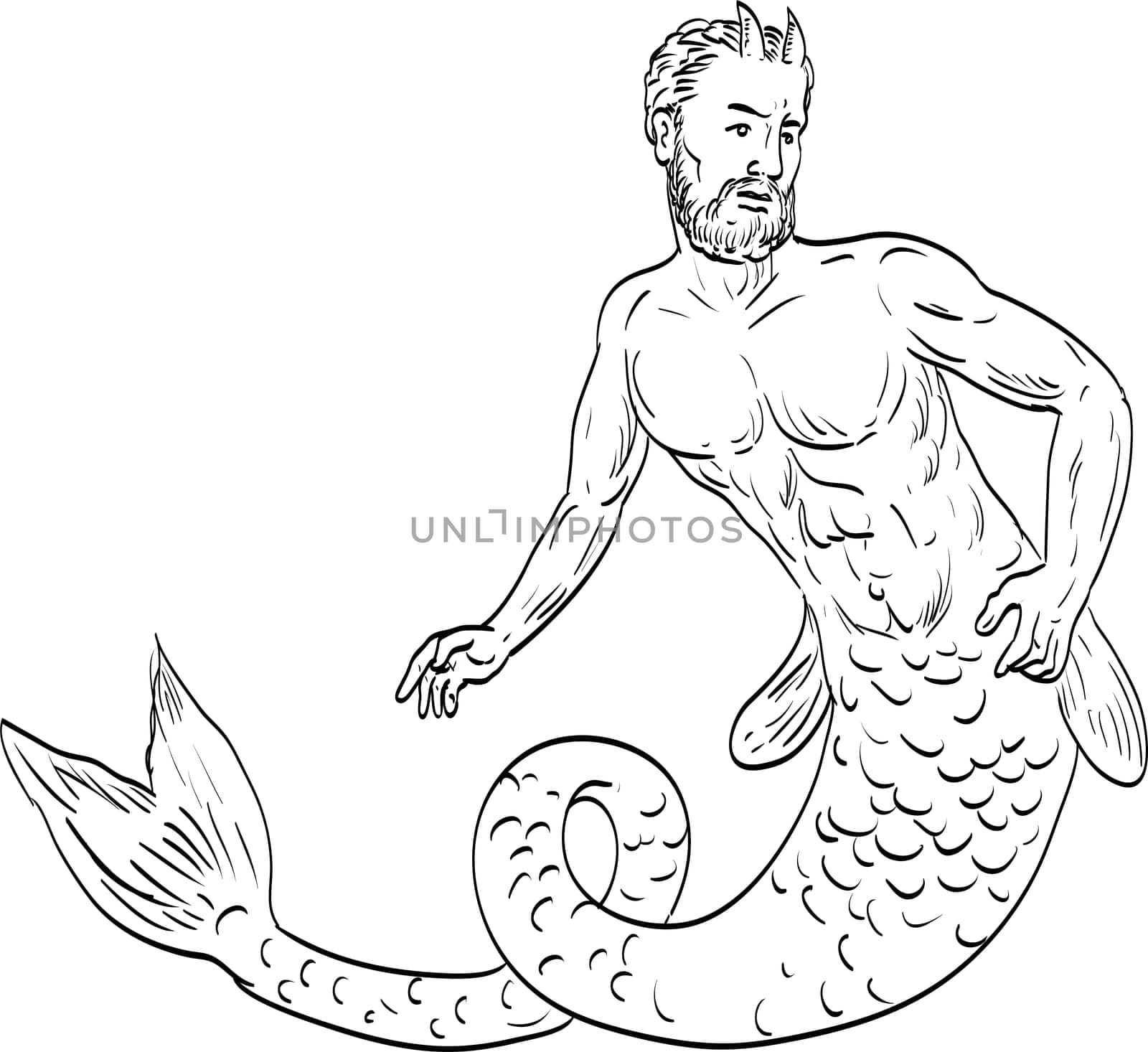 Line art drawing illustration of a Merman, the male counterparts of the mythical female mermaid done in medieval style on isolated background in black and white.
