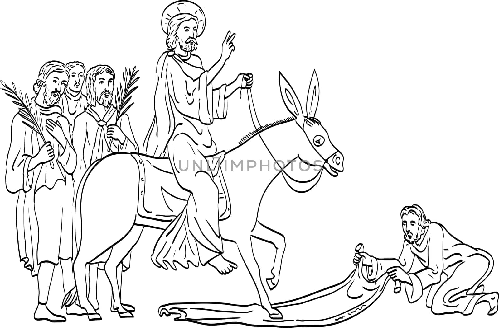Line art drawing illustration of Jesus on Palm Sunday riding donkey being greeted by believers done in medieval style on isolated background in black and white.