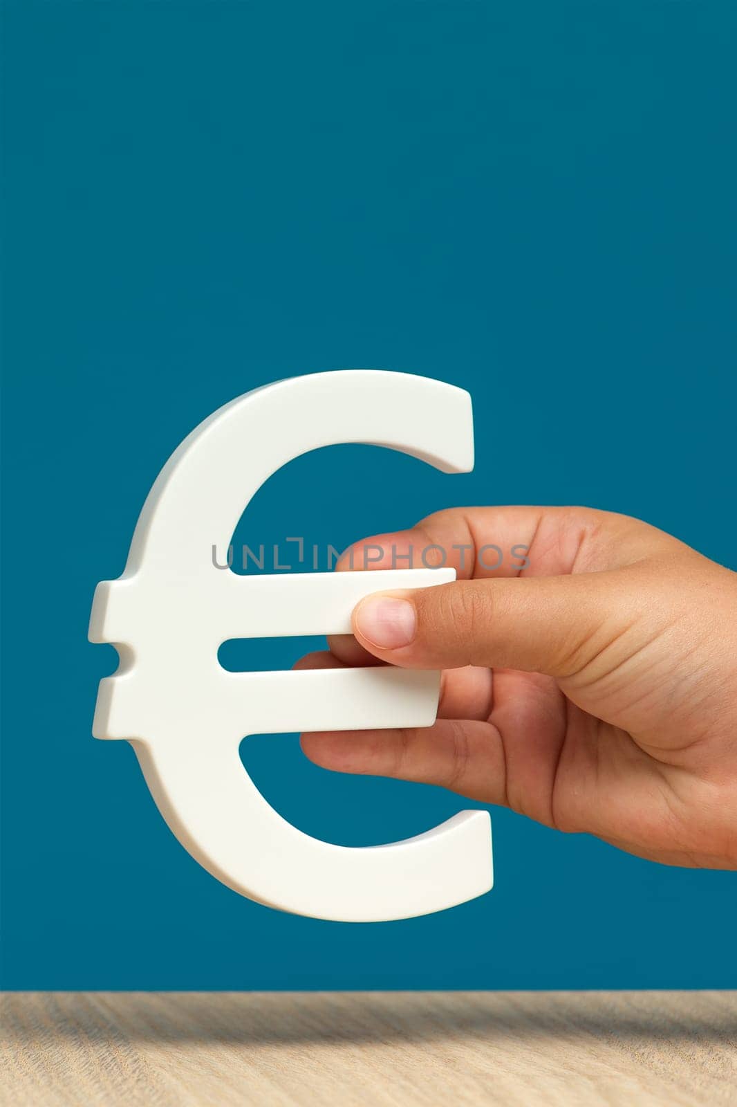 White Euro symbol in a hand on a blue background close-up with copy space. Euro exchange rate, economy in Europe or inflation. by SERSOL