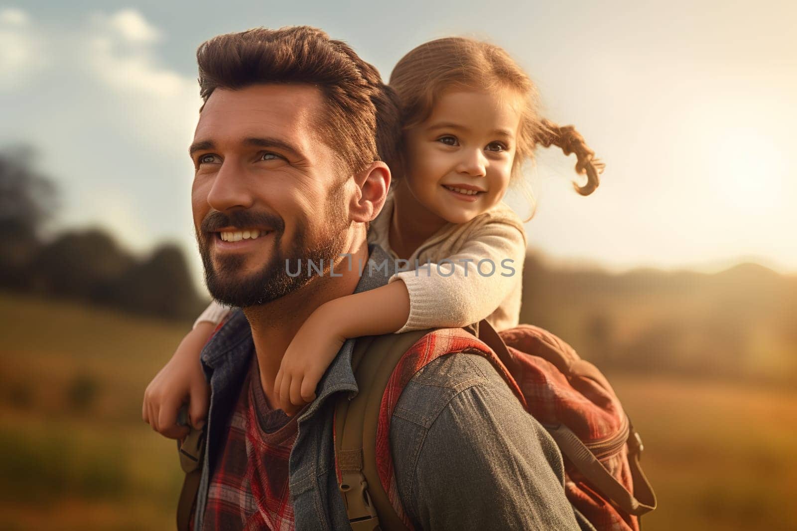 Happy dad carries his daughter on his shoulders. Traveling, hiking. High quality photo