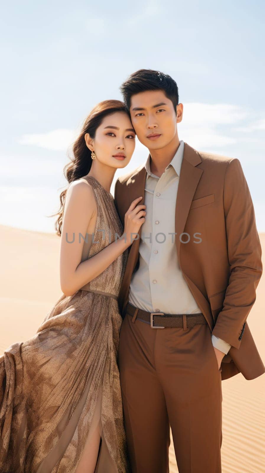 Portrait of a young Korean couple, wearing beige clothes. Model. High quality photo