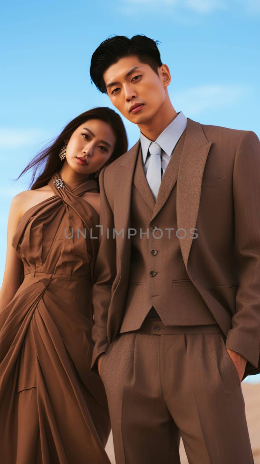 Portrait of a young Korean couple, wearing beige clothes. Model. High quality photo