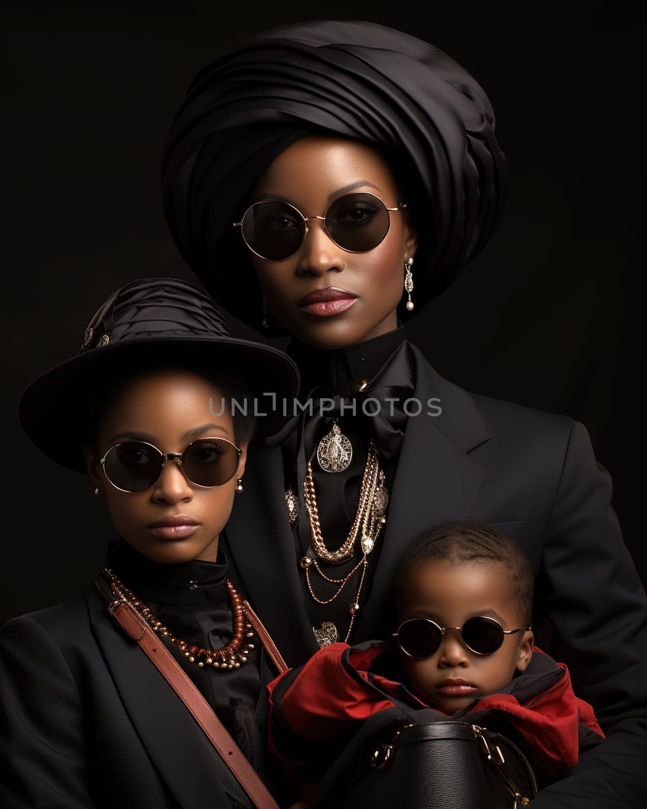 Stylish African-American woman with children in black clothes on a black background. A sumptuous portrait of a family. by Yurich32