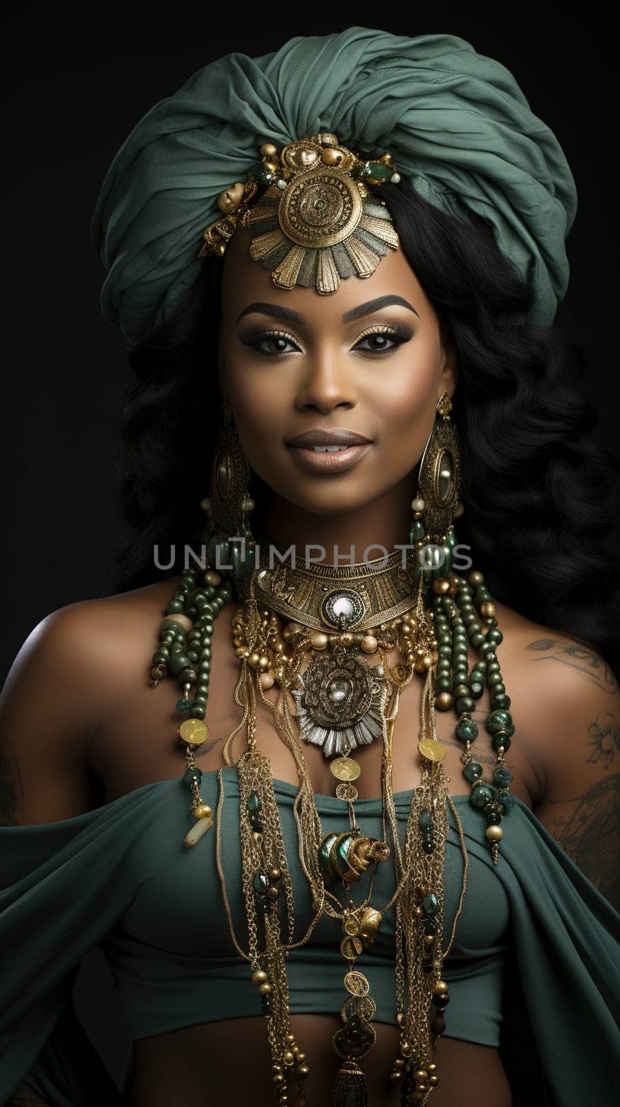 Portrait of a beautiful African woman in a luxurious dark green bejeweled outfit. by Yurich32
