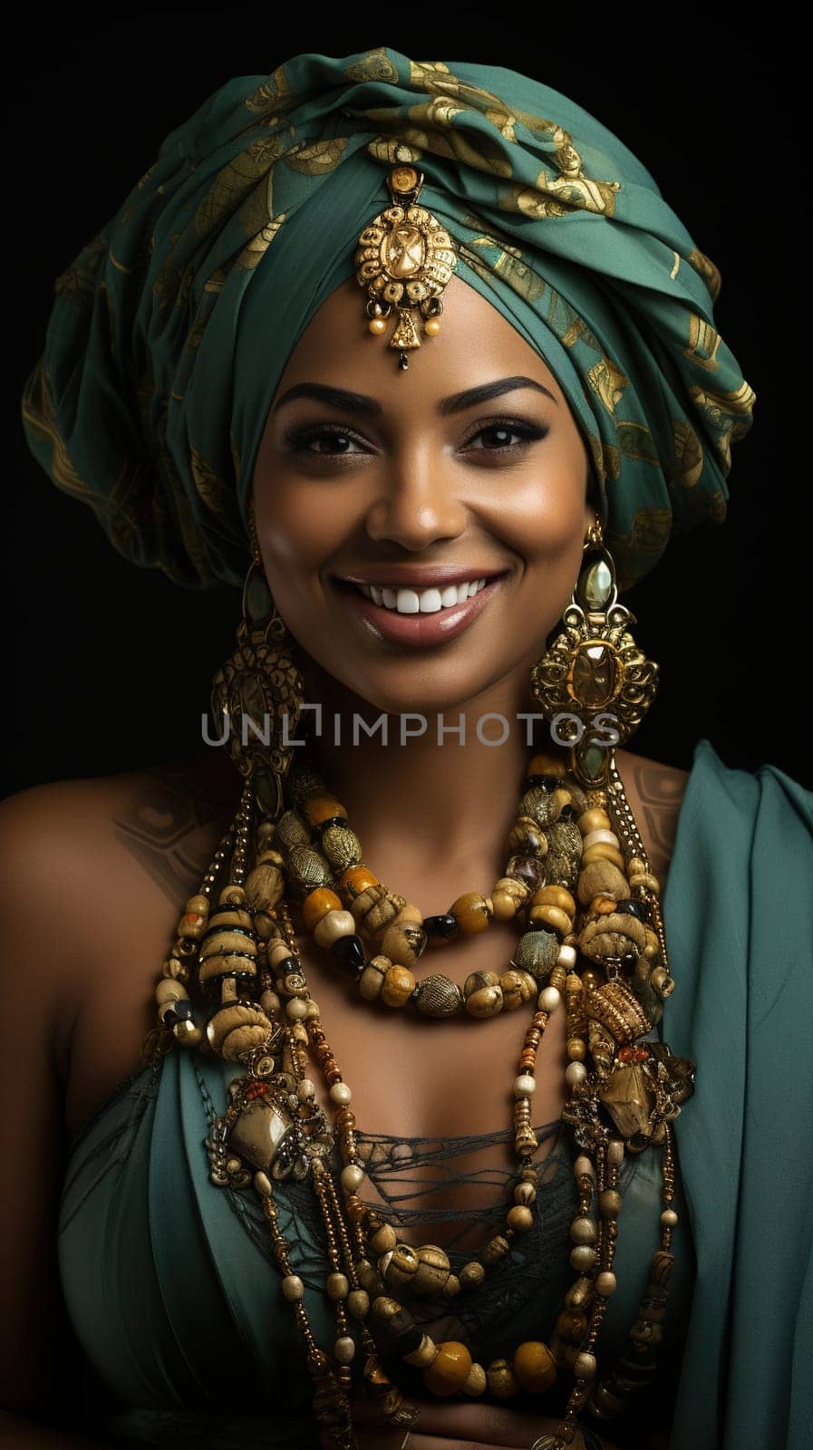 Portrait of a beautiful African woman in a luxurious dark green bejeweled outfit. by Yurich32