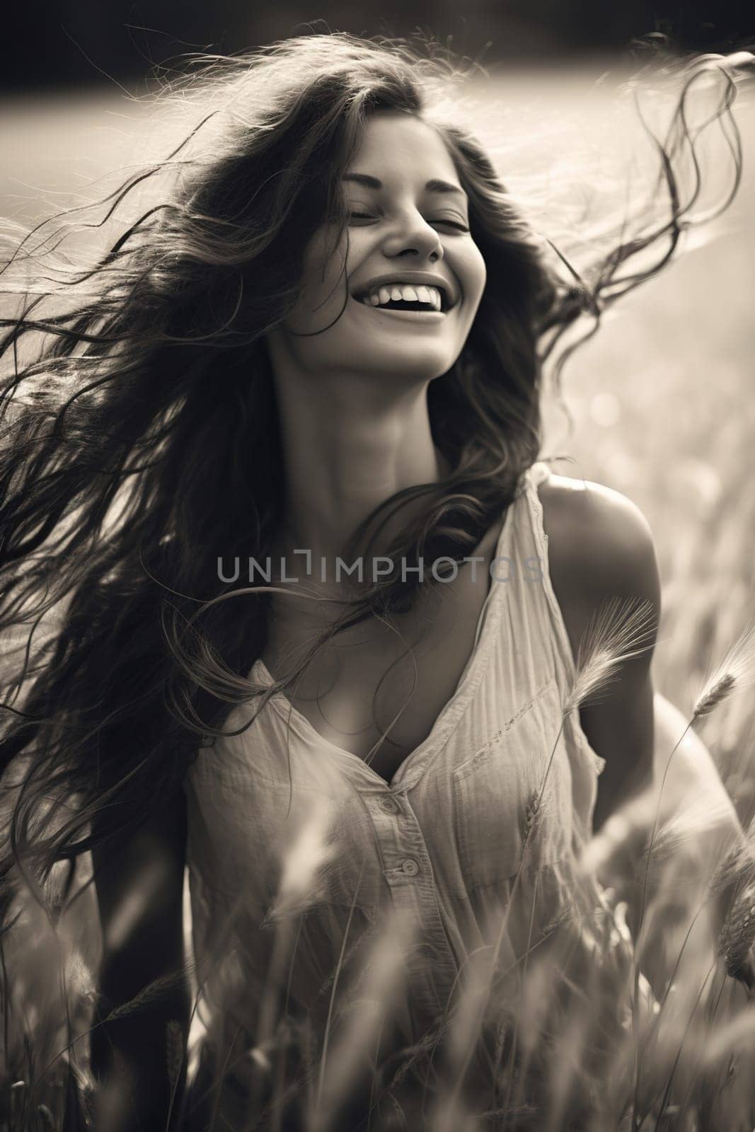 Happy girl with long hair in the field. Black and white picture. by Yurich32