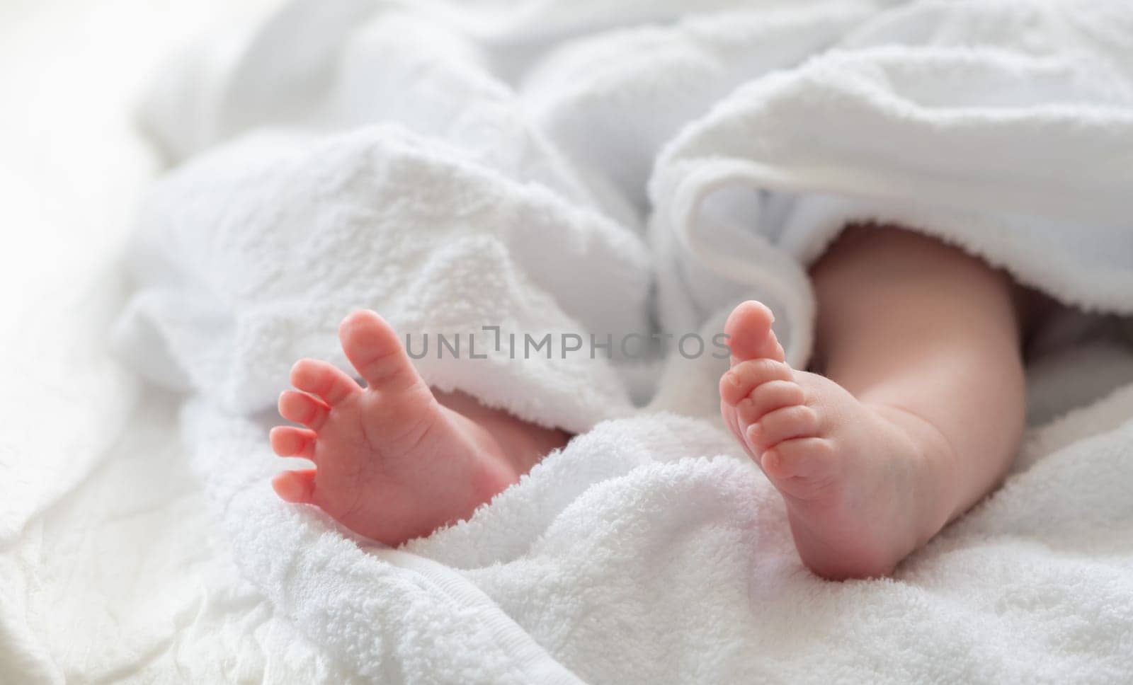 Delicate feet of a newborn under a towel's embrace. Concept of innocence and warmth by Mariakray