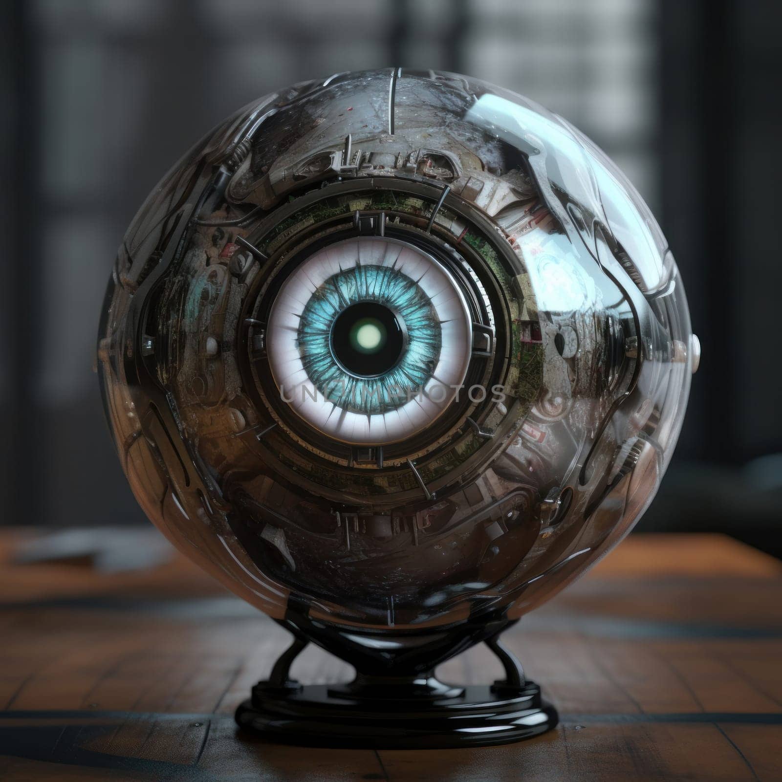 Robotic eye with metallic textures and glowing circuits by Sorapop
