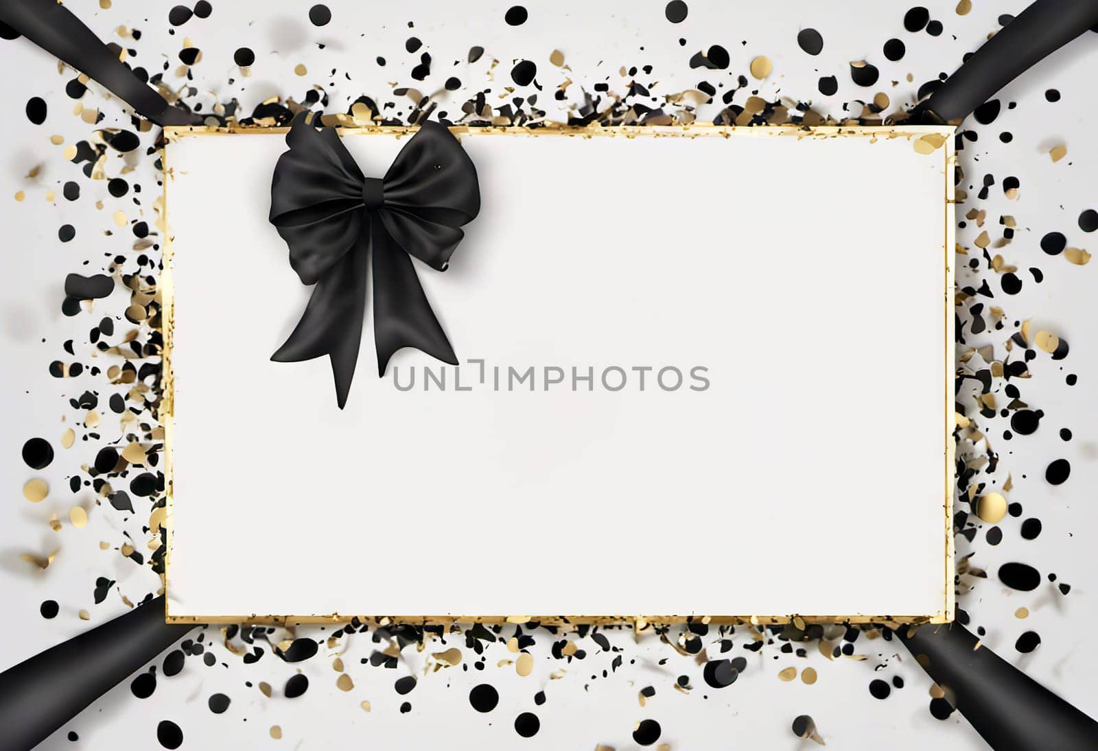 black bow with golden confetti on the background, the concept of gifts of holidays and sales, black friday by EkaterinaPereslavtseva