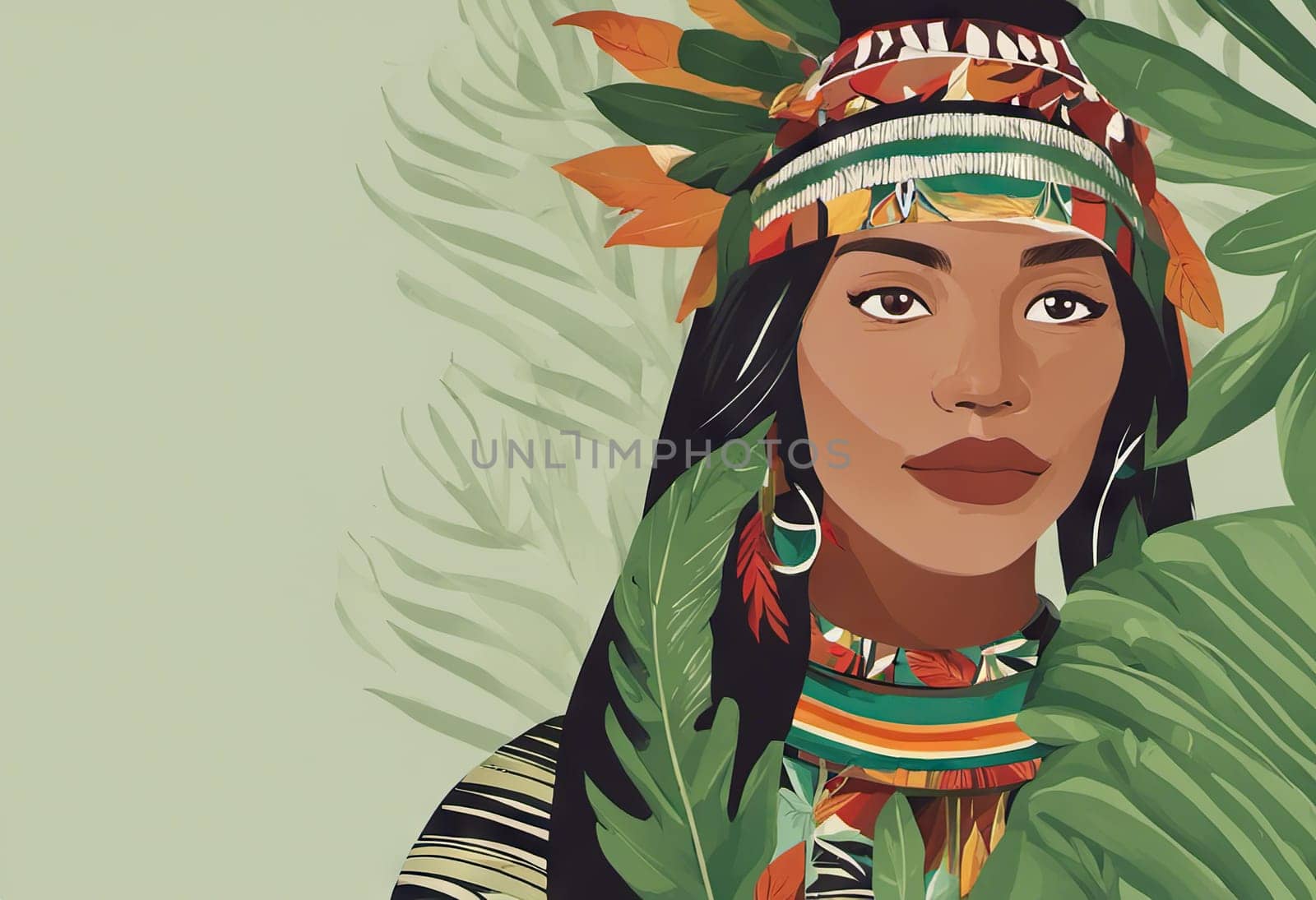 Indigenous Peoples Day illustration on green leaves background. High quality photo