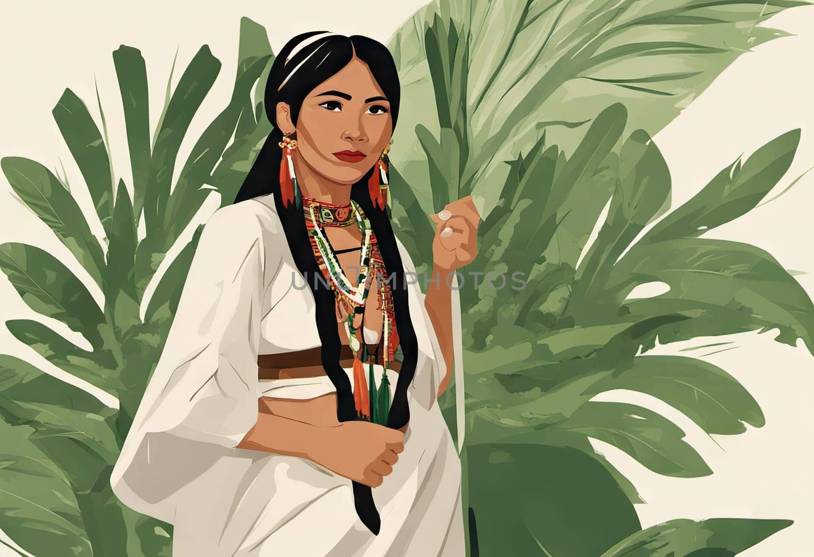 Indigenous Peoples Day illustration on green leaves background by EkaterinaPereslavtseva