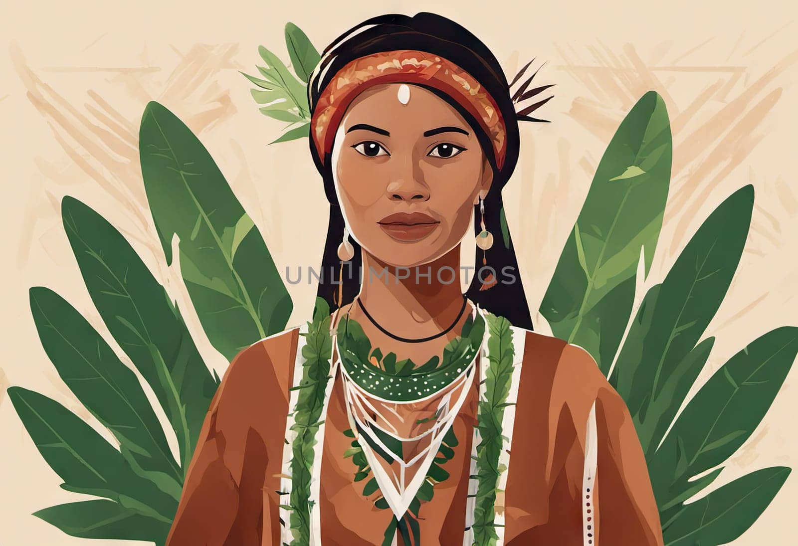 Indigenous Peoples Day illustration on green leaves background by EkaterinaPereslavtseva