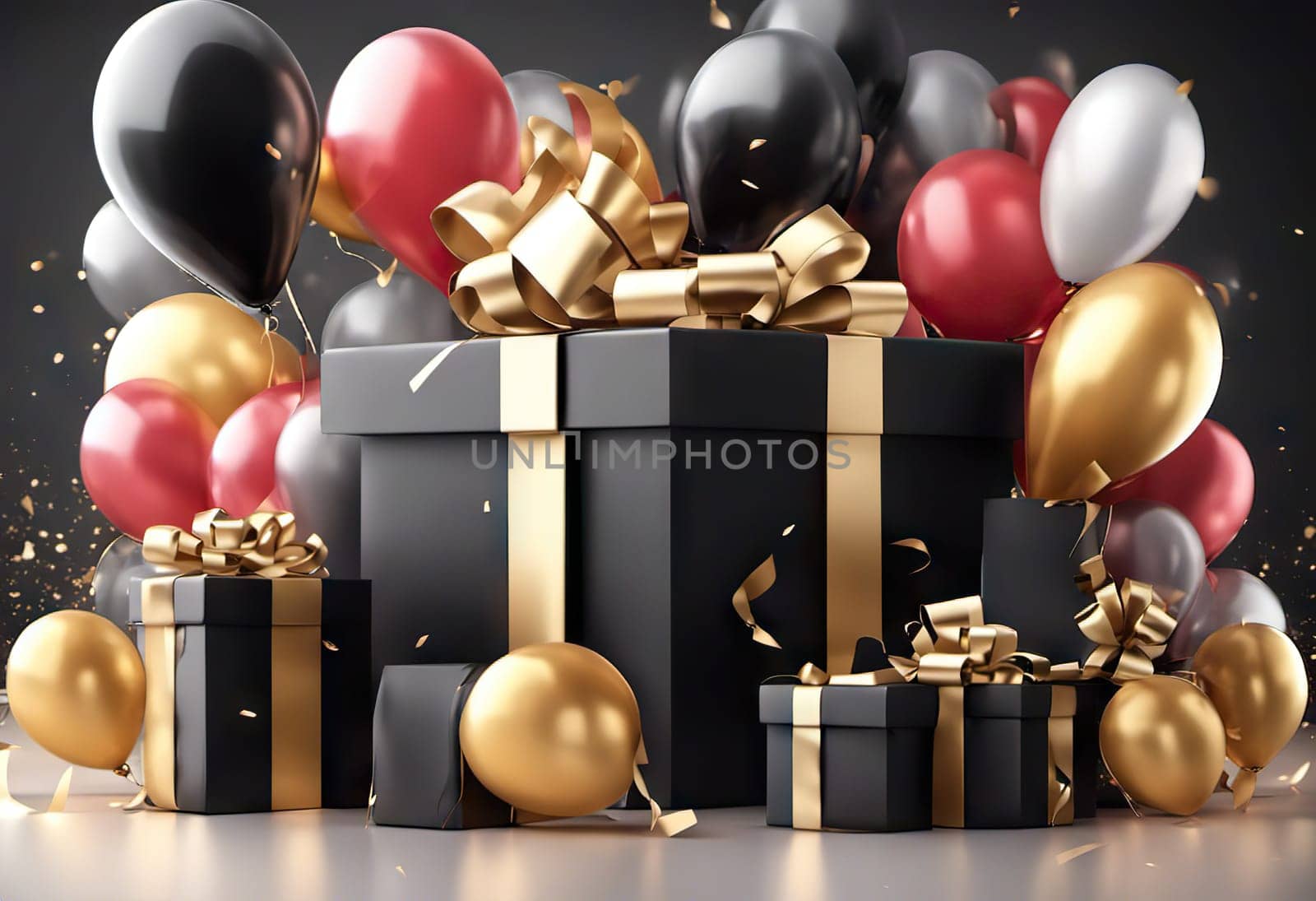 Gift box with colorful balloons and confetti on background, copy space, holiday concept for birthday or black friday discounts by EkaterinaPereslavtseva