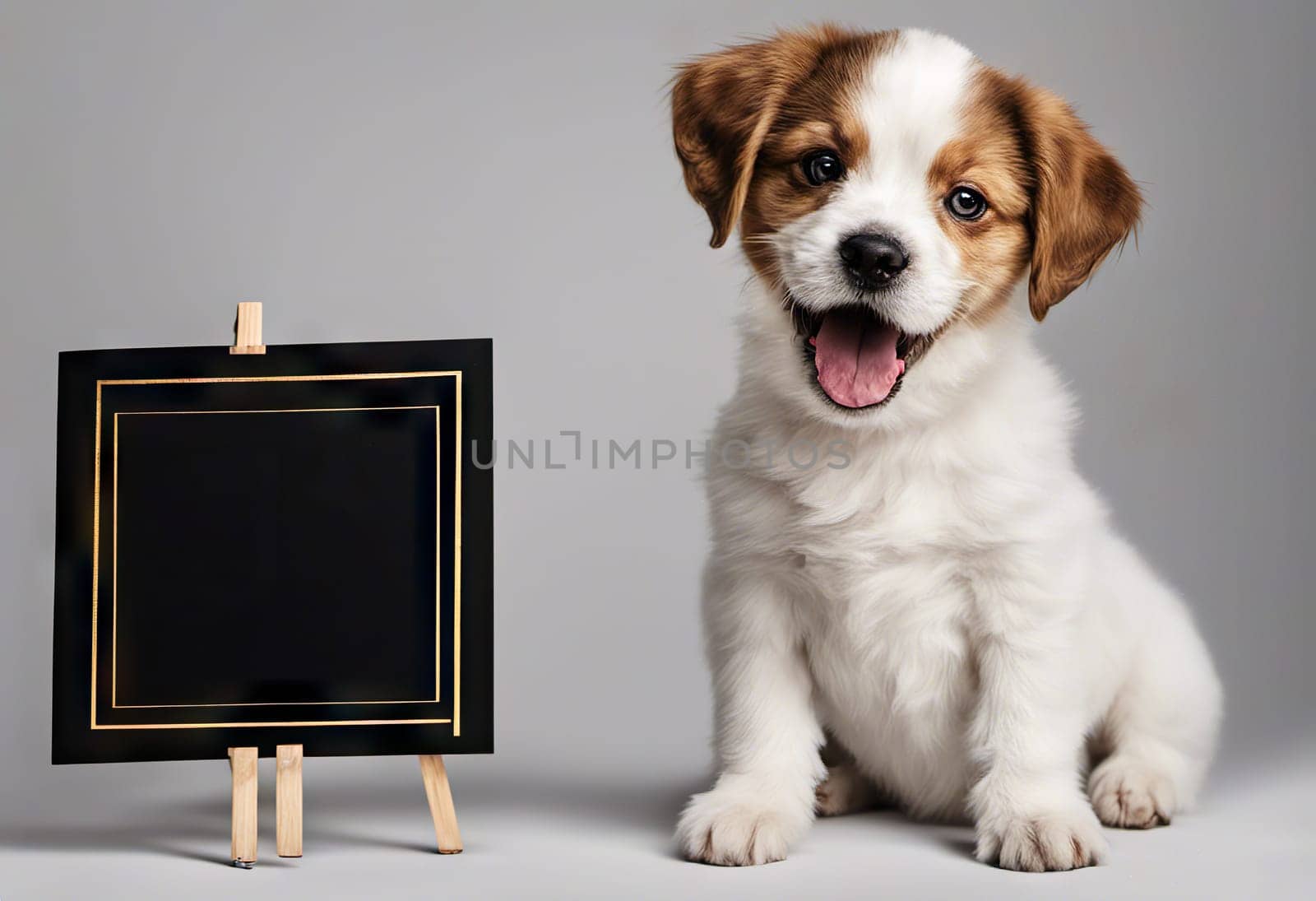 Funny puppy with banner for your advertising, mockup, concept of discounts and sales, on light background