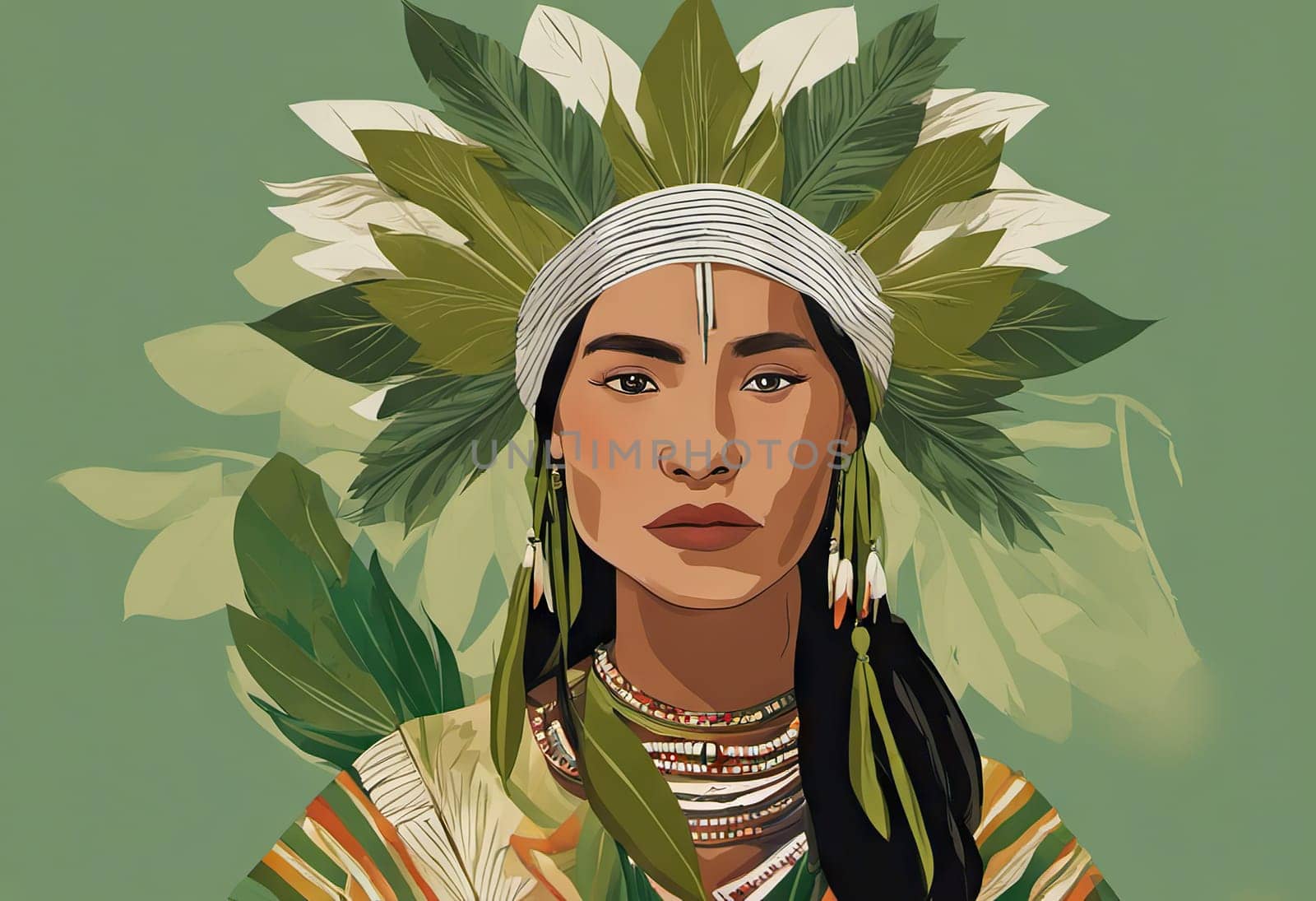 Indigenous Peoples Day illustration on green leaves background by EkaterinaPereslavtseva