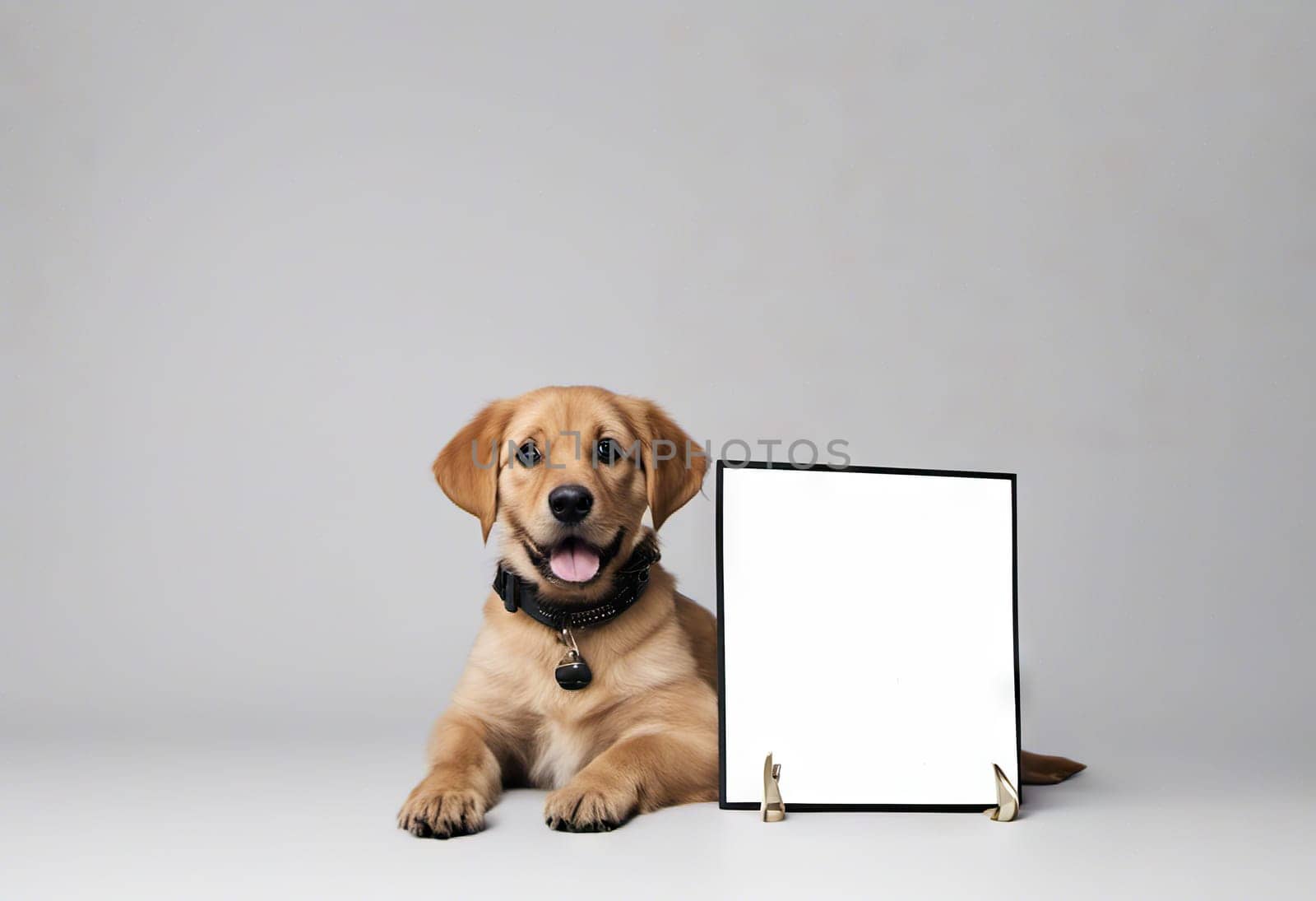 Funny puppy with banner for your advertising, mockup, concept of discounts and sales, on light background