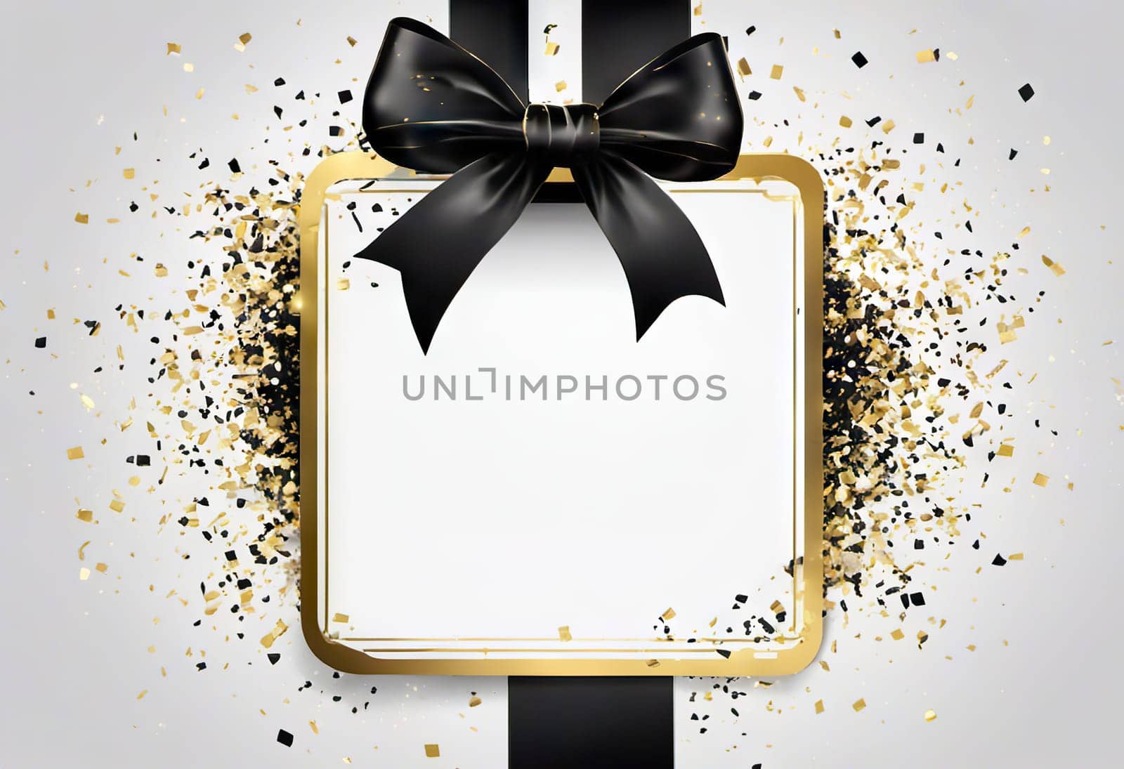 black bow with golden confetti on the background, the concept of gifts of holidays and sales, black friday