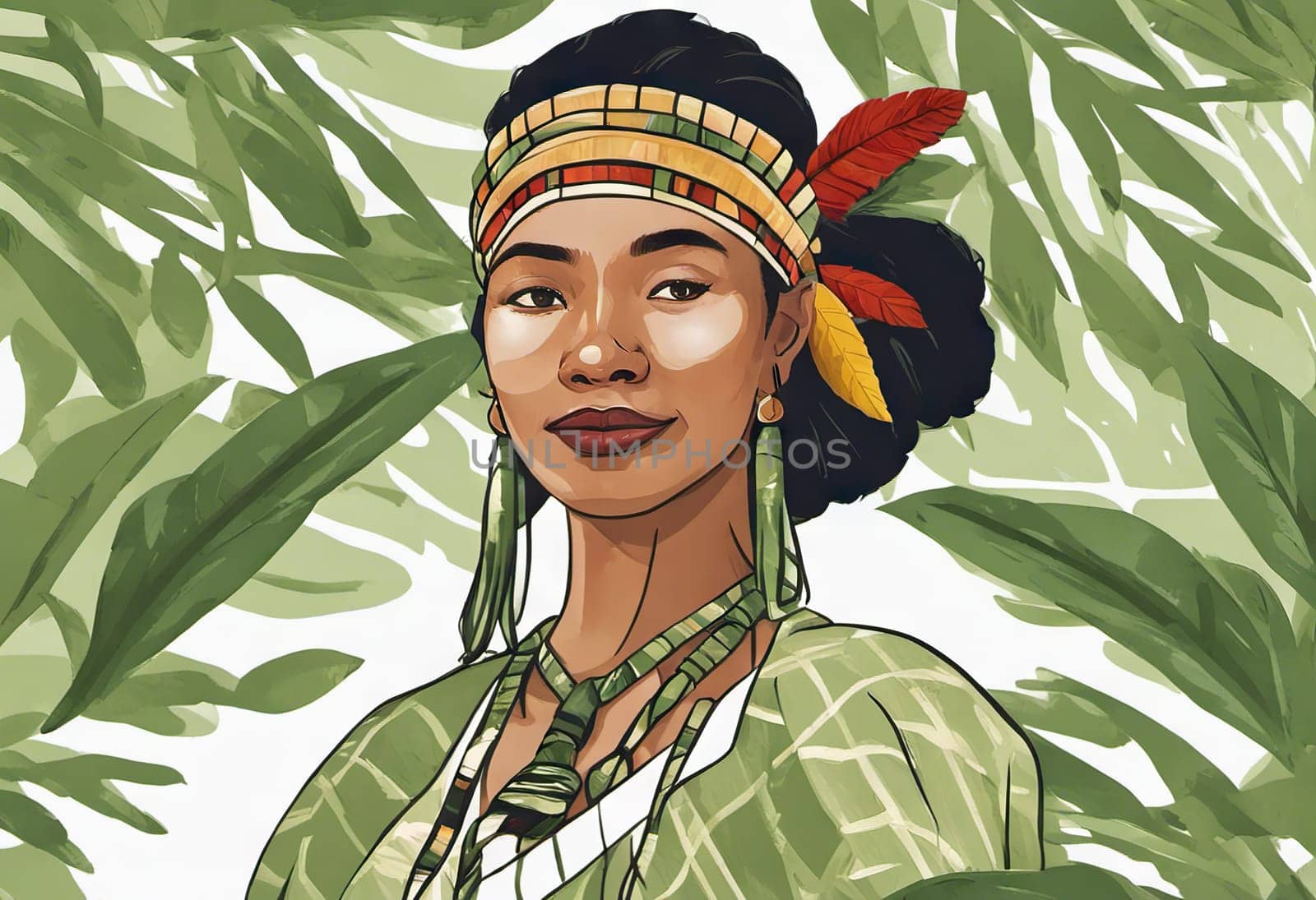 Indigenous Peoples Day illustration on green leaves background. High quality photo