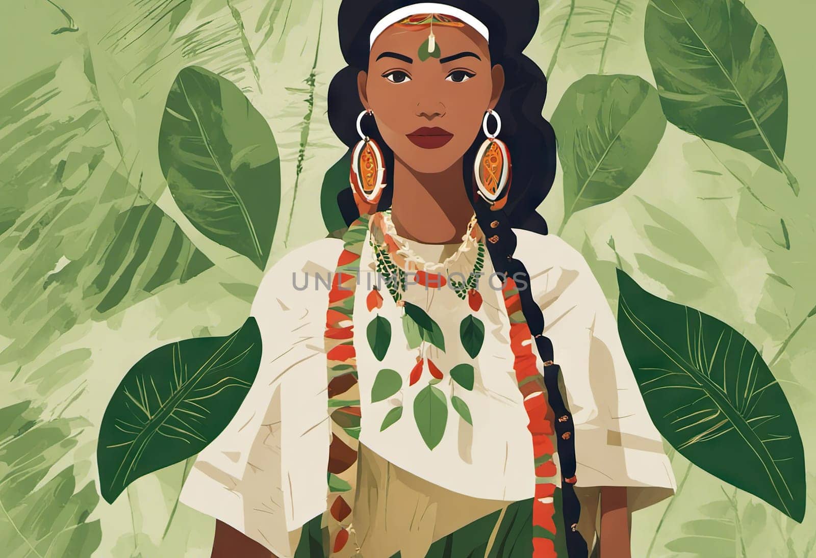 Indigenous Peoples Day illustration on green leaves background by EkaterinaPereslavtseva