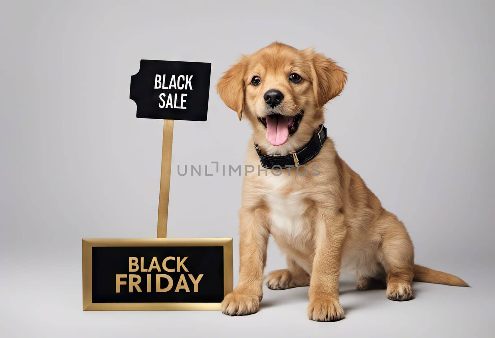 Funny puppy with banner with text sale for your advertising, mockup, concept of discounts and sales, on a light background