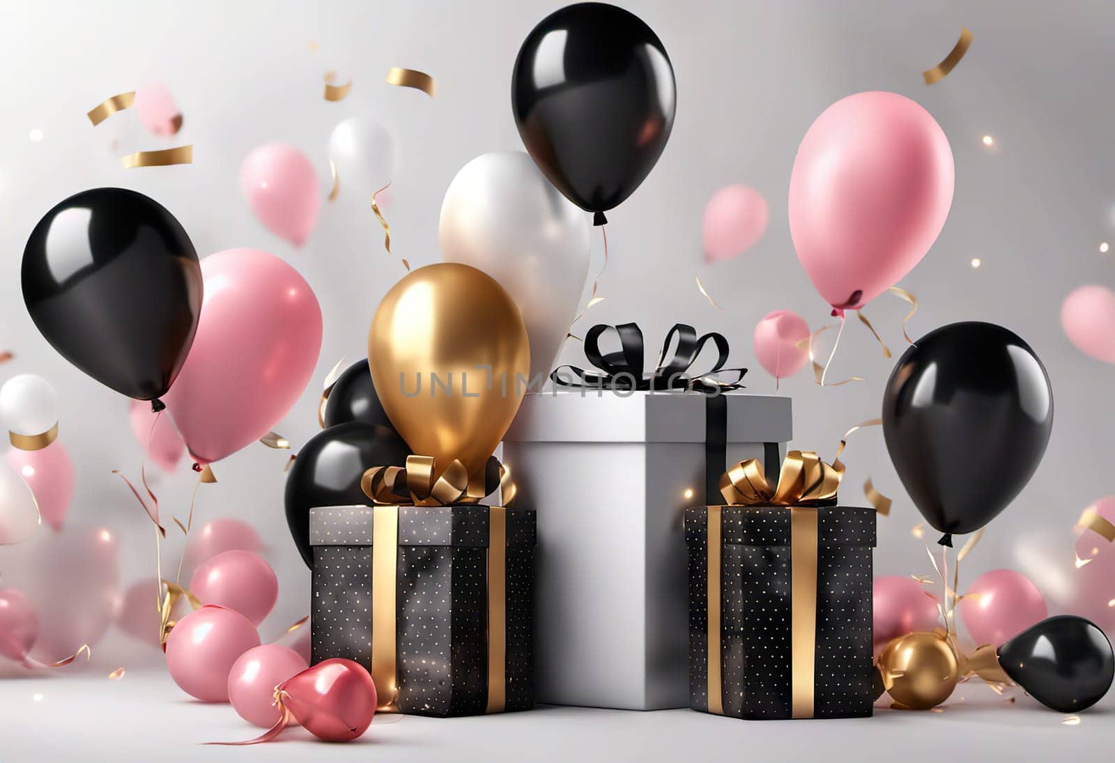 gift box with balloons, birthday concert or black friday discounts