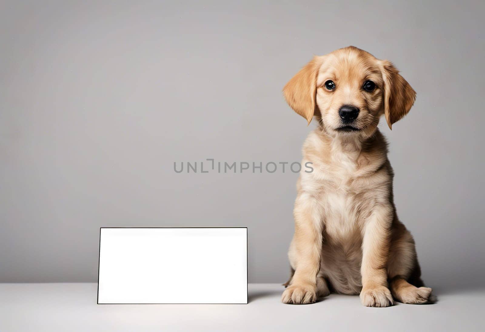 Funny puppy with banner for your advertising, mockup, concept of discounts and sales, on light background