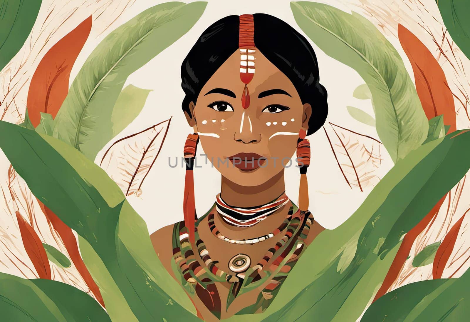 Indigenous Peoples Day illustration on green leaves background by EkaterinaPereslavtseva