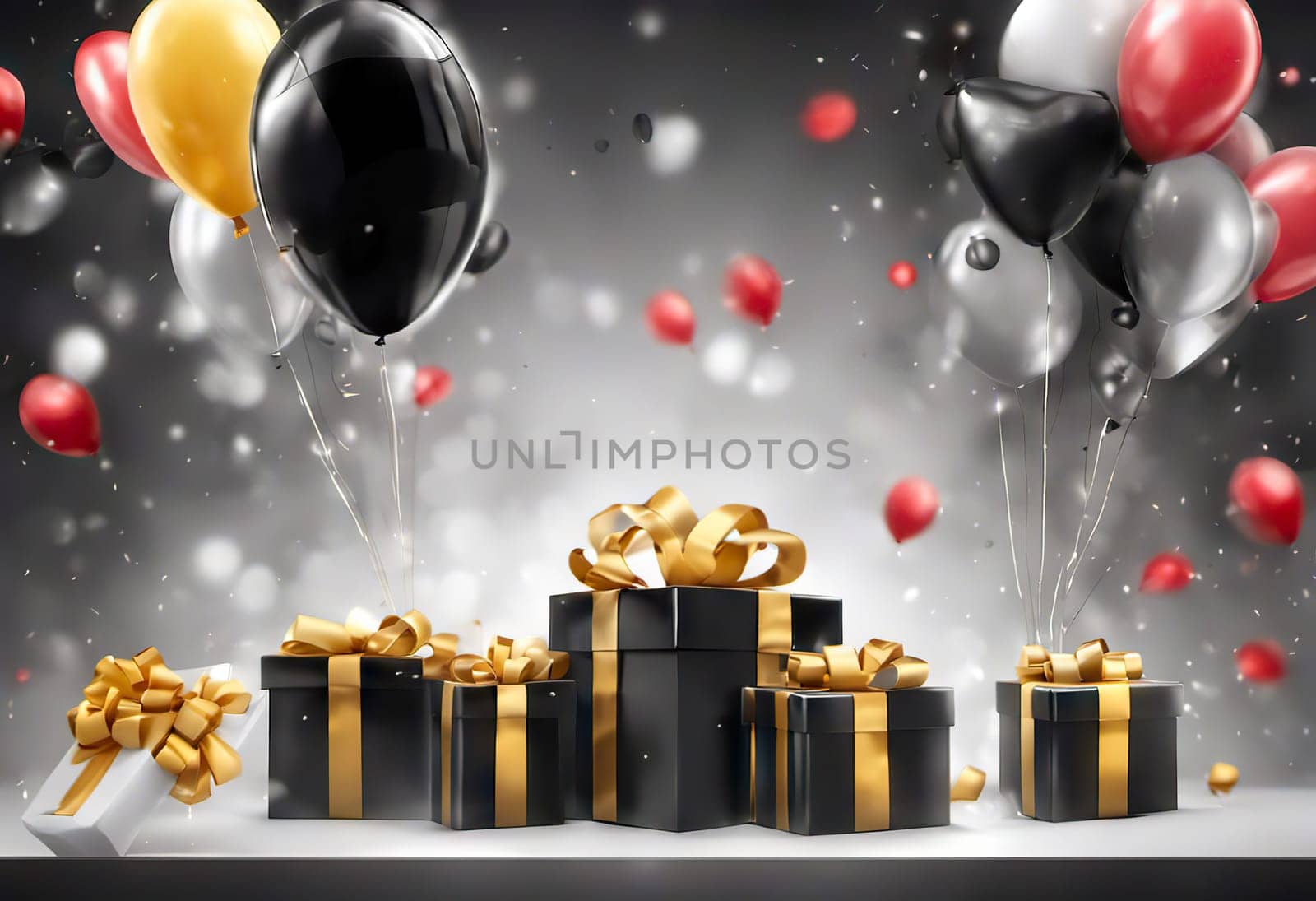 present box and balloons on background. suitable for any holiday. Black Friday sales and discounts