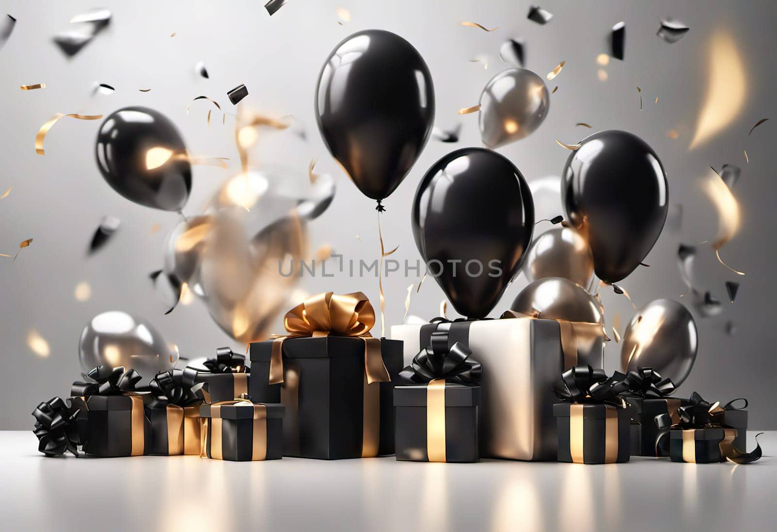 boxes with gifts and balloons and confetti on background, festive concept for birthday or black friday discounts by EkaterinaPereslavtseva