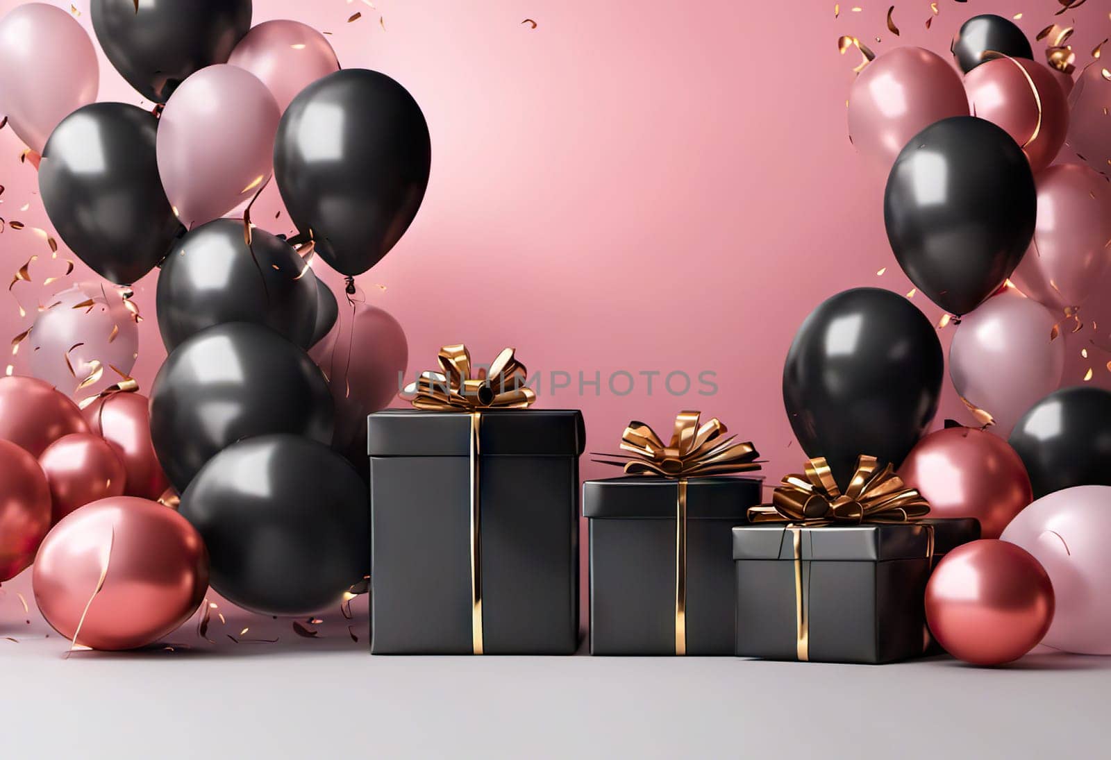Gift box with colorful balloons and confetti on background, copy space, holiday concept for birthday or black friday discounts by EkaterinaPereslavtseva