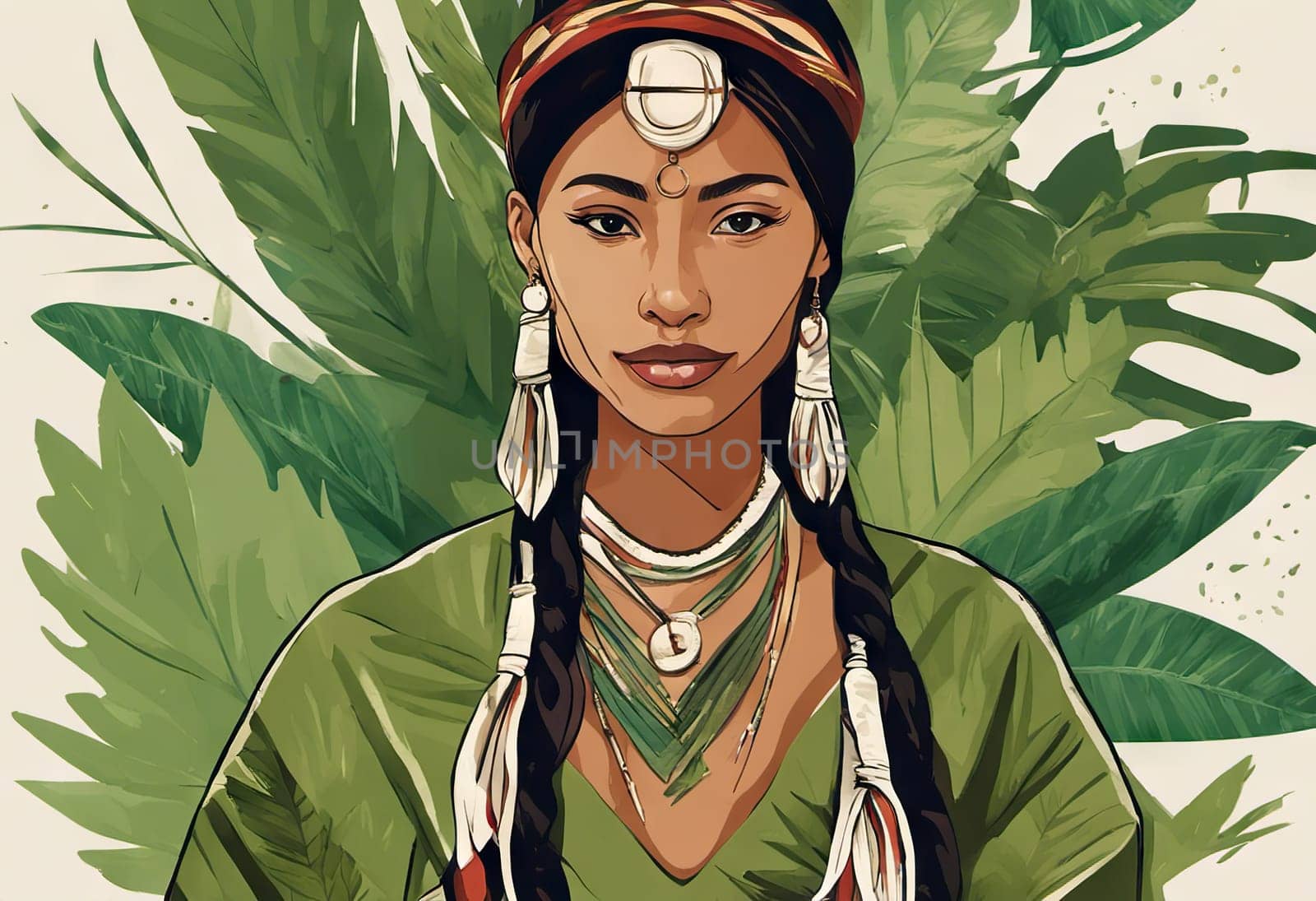 Indigenous Peoples Day illustration on green leaves background by EkaterinaPereslavtseva