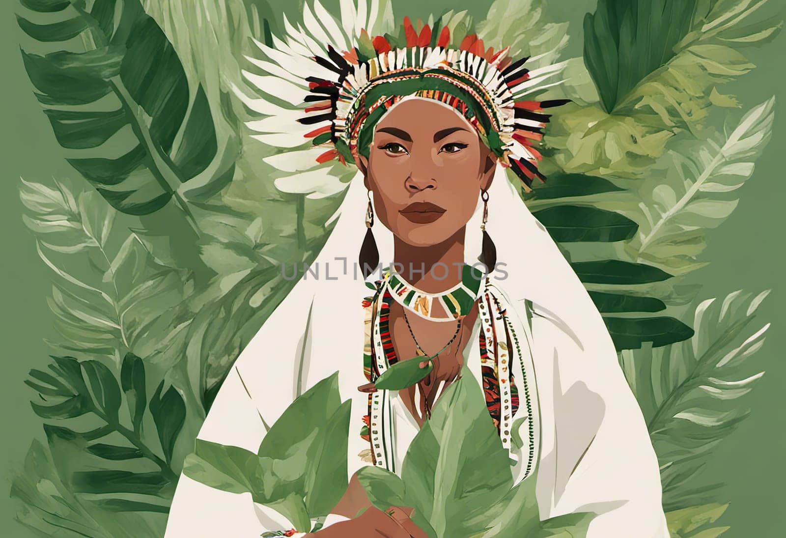 Indigenous Peoples Day illustration on green leaves background by EkaterinaPereslavtseva