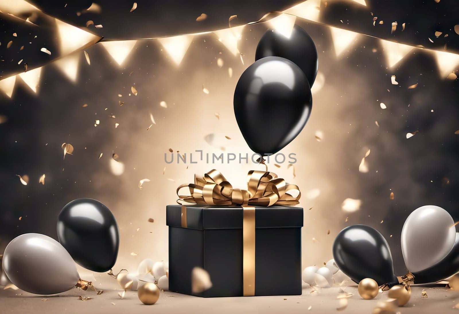 boxes with gifts and balloons and confetti on background, festive concept for birthday or black friday discounts by EkaterinaPereslavtseva