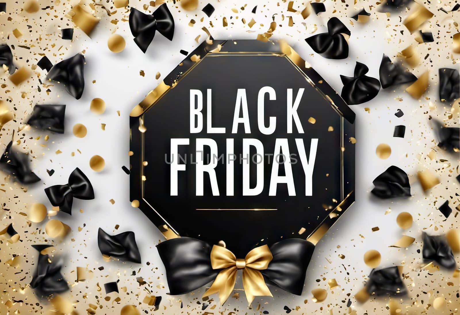 black bow with golden confetti on the background, the concept of gifts of holidays and sales, black friday