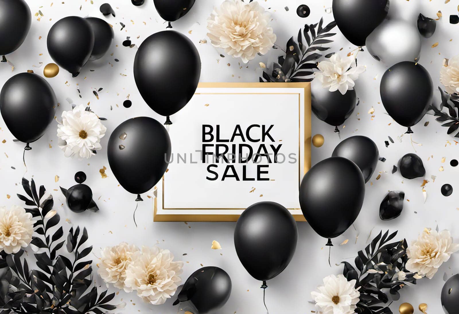 balloons and flowers with confetti on background, concept gifts holidays and sales, black friday