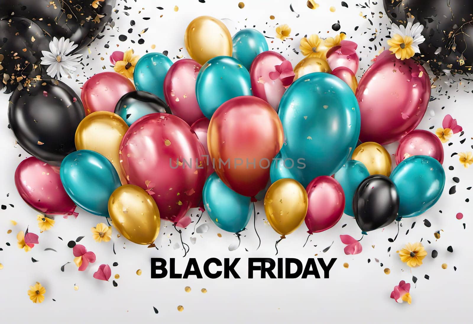 balloons and flowers with confetti on the background, the concept of gifts holidays and sales, black friday
