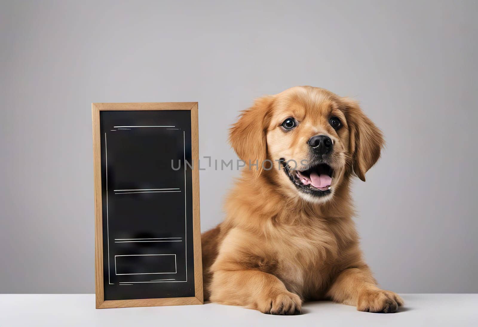 Funny puppy with banner for your advertising, mockup, concept of discounts and sales, on light background