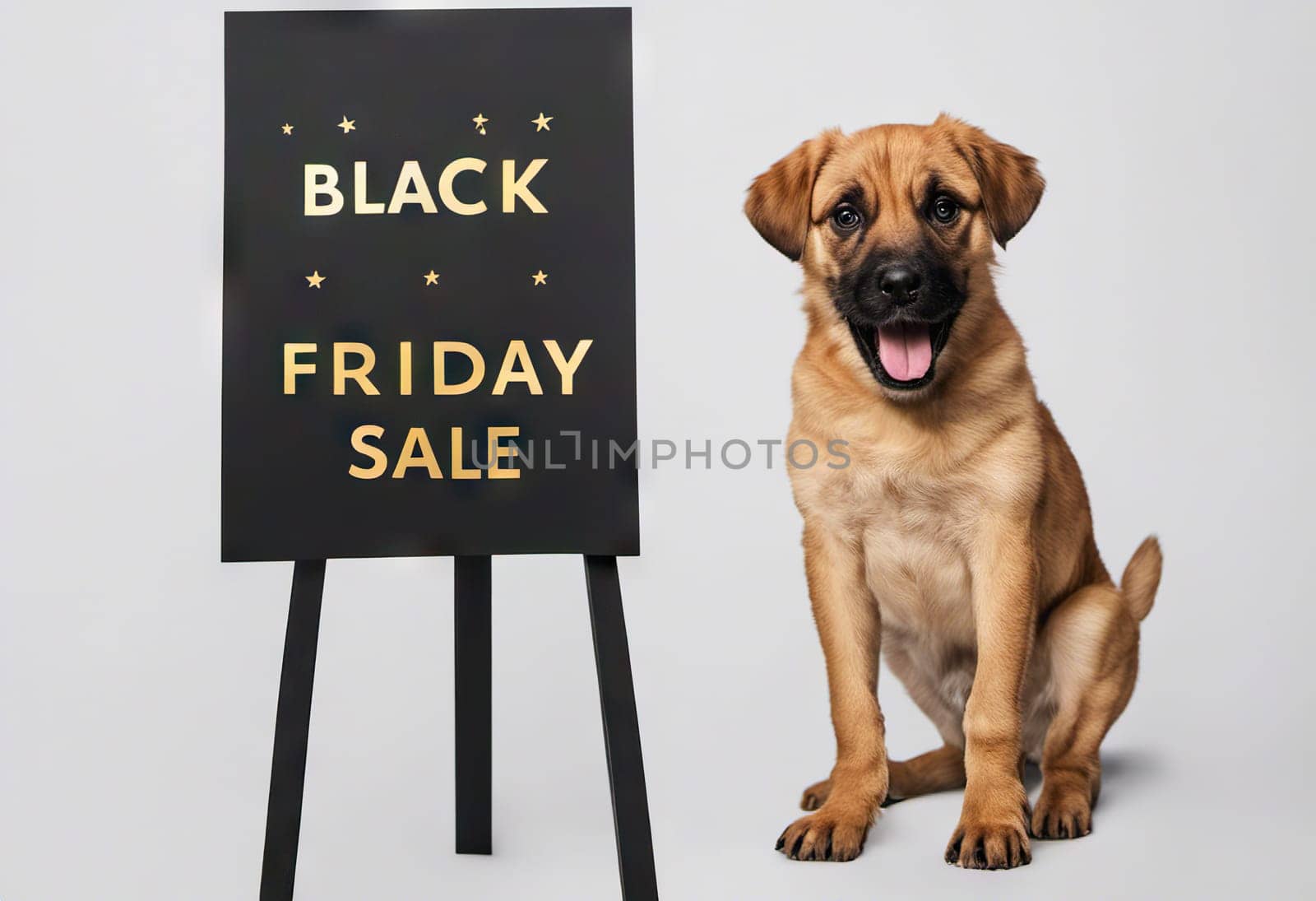 Funny puppy with black friday banner, concept of discounts and sales, on a light background