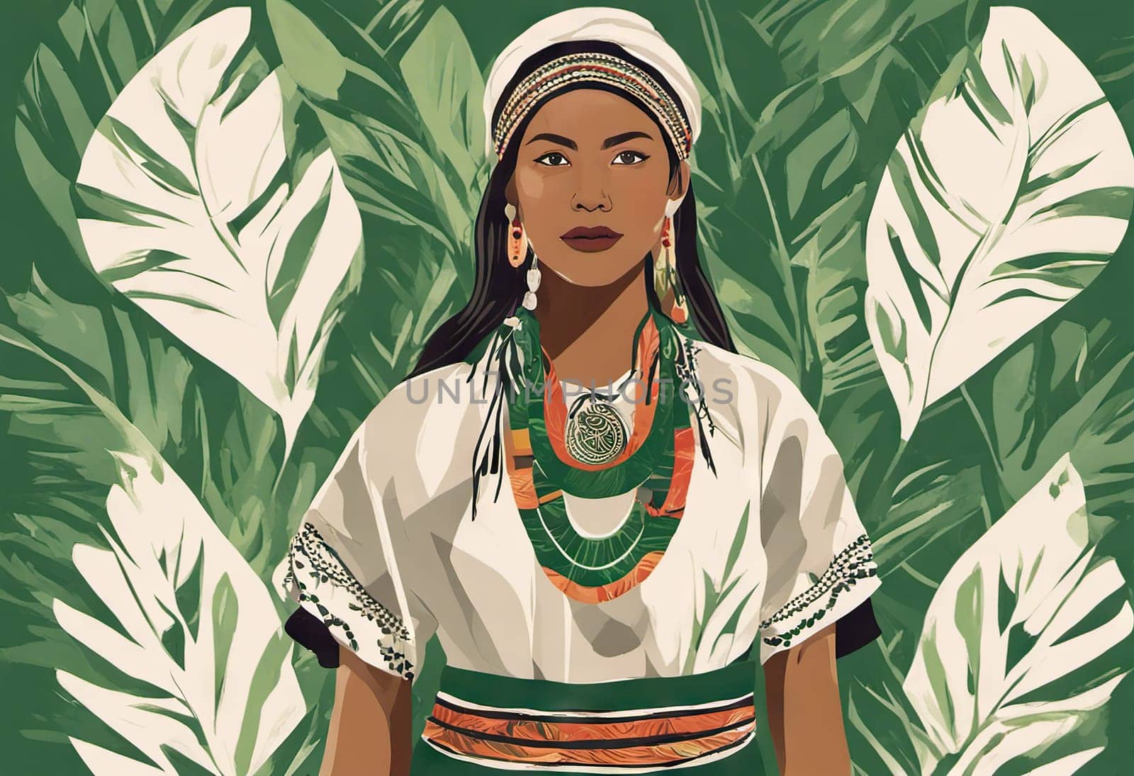 Indigenous Peoples Day illustration on green leaves background. High quality photo