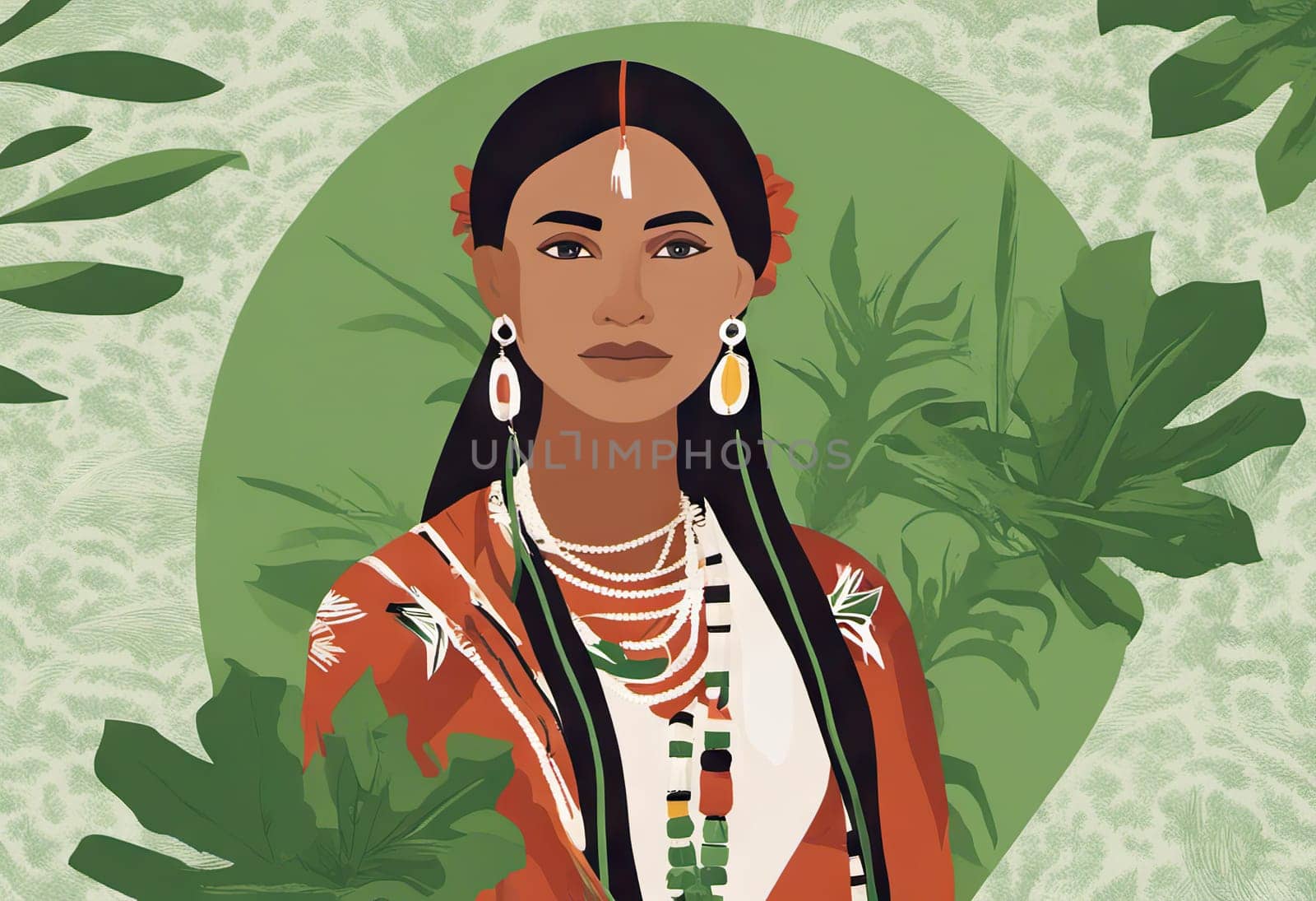 Indigenous Peoples Day illustration on green leaves background by EkaterinaPereslavtseva